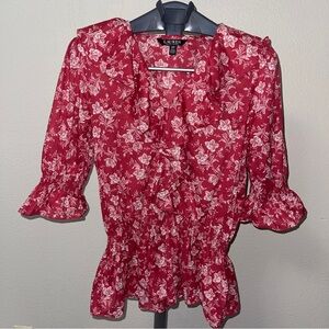 Ralph Lauren Black Label Red Floral Blouse Size S